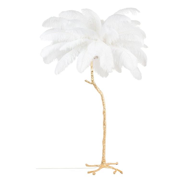 Lampa podłogowa TIFFANY 175 biała  mosiądz / naturalne pióra