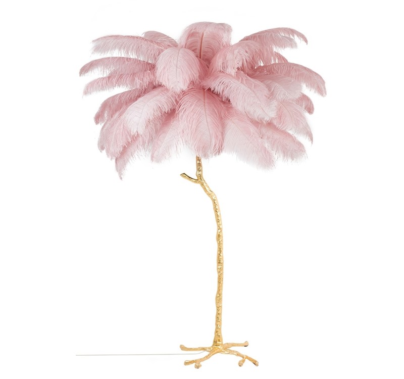Lampa podłogowa TIFFANY 175 różowa mosiądz / naturalne pióra