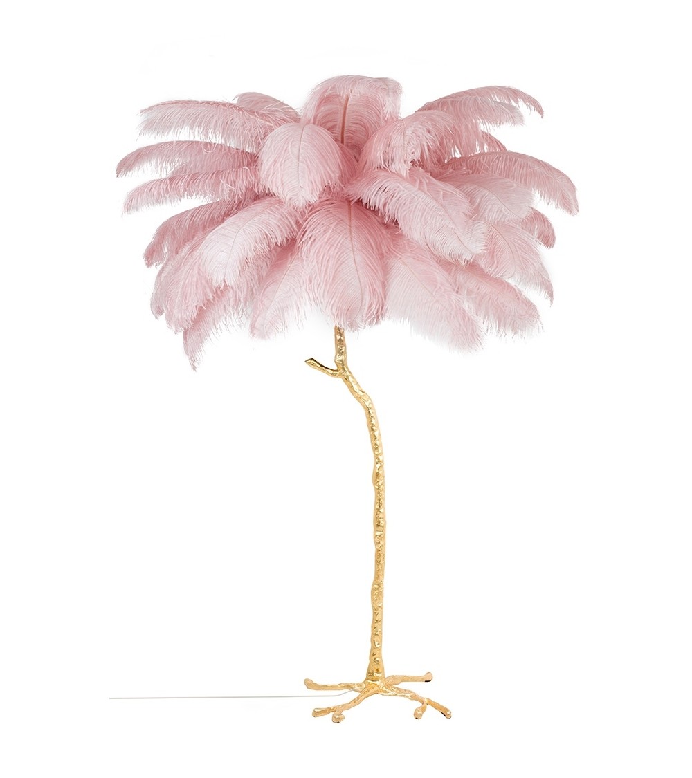 Lampa podłogowa TIFFANY 175 różowa mosiądz / naturalne pióra